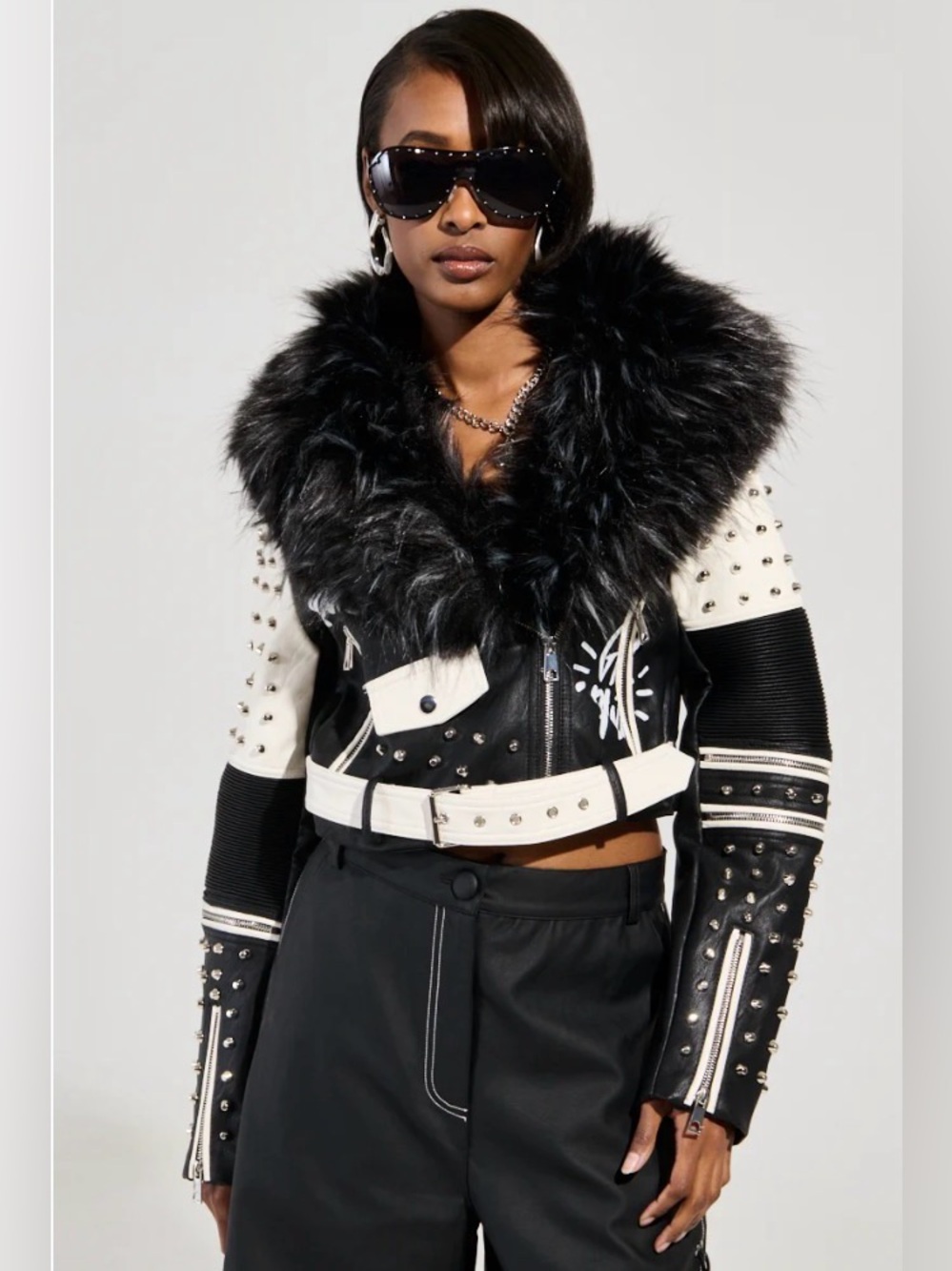 REDFOX NEW YORK Black Queens Graffiti Faux Fur Leather Moto Jacket Size Large